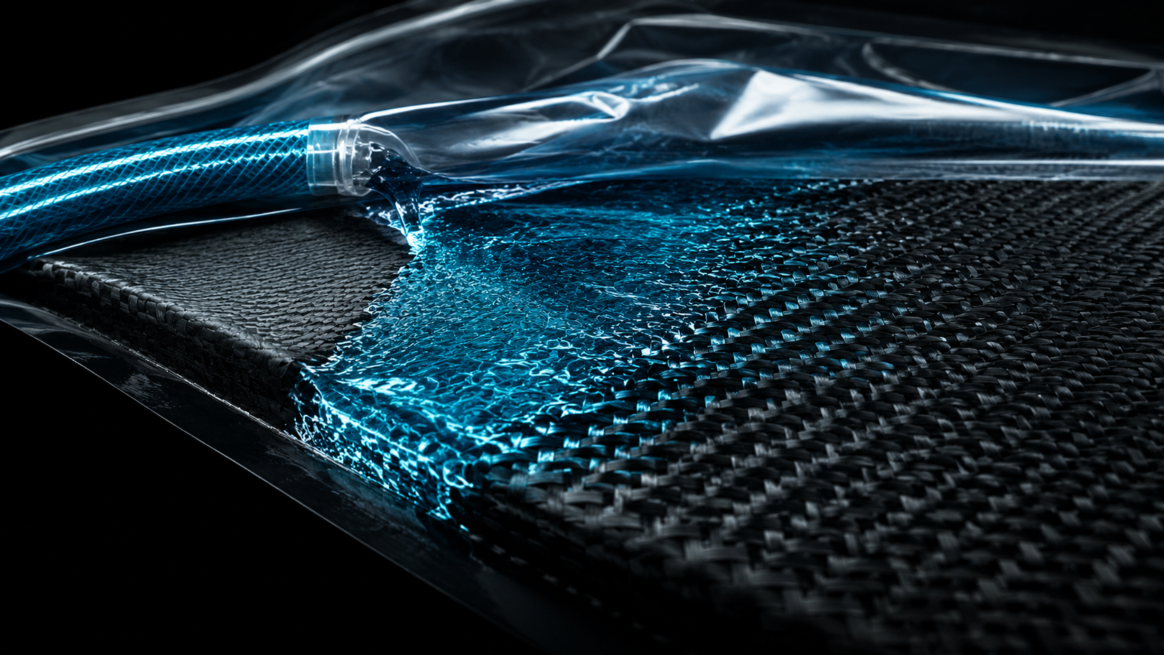 Cyan resin wetting out dry carbon fiber beneath a transparent vacuum bag