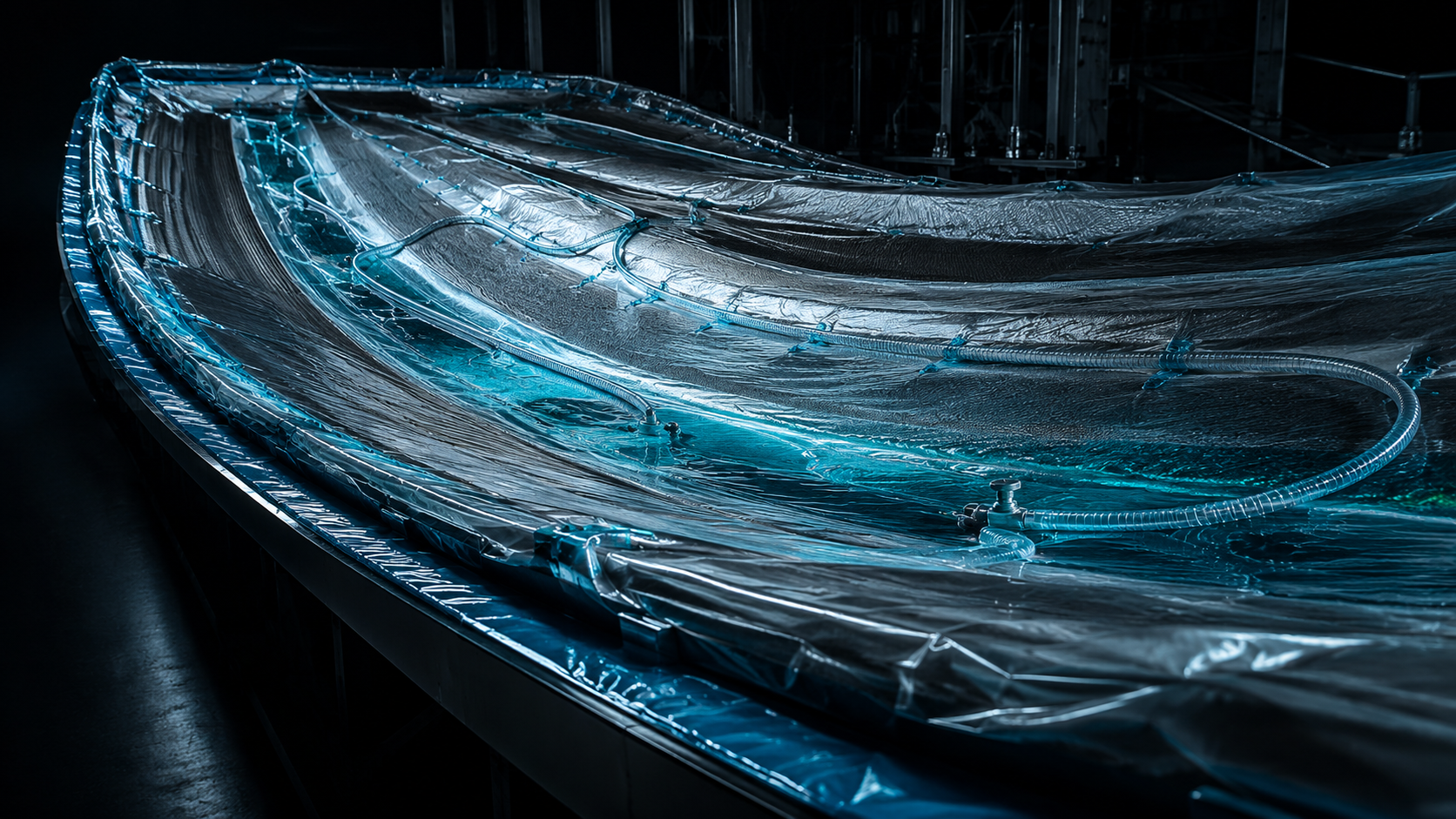 Large marine composite hull mold prepared for vacuum infusion with bagging film, resin lines and flow media