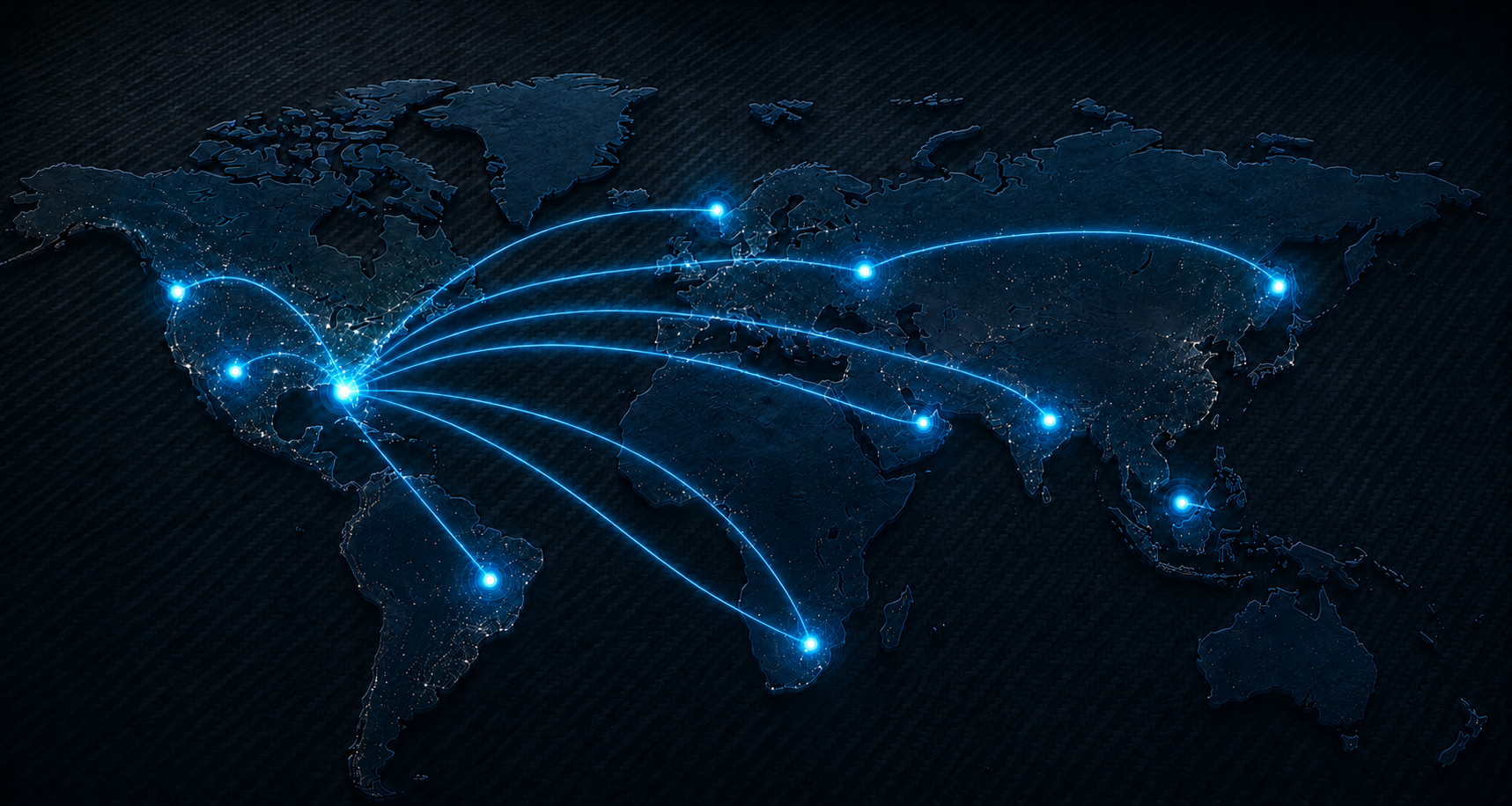 World map showing Nexsus Marine's Florida base connected to customers and partners across the United States, Europe, Türkiye, Qatar, Asia, Africa and South America