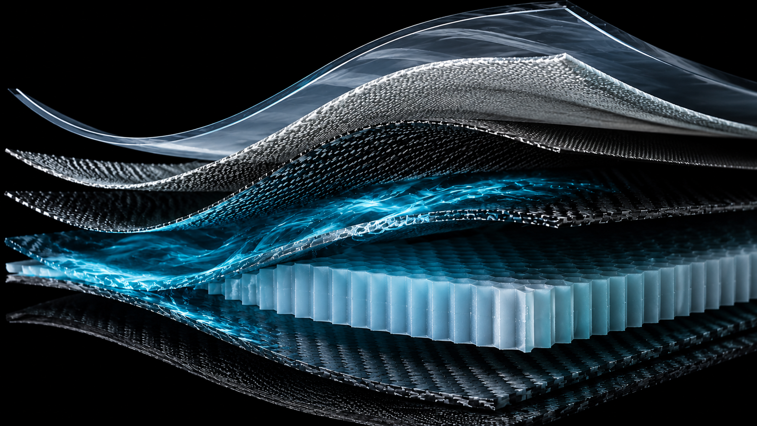 Exploded marine composite sandwich laminate with carbon fiber, structural core and resin flow