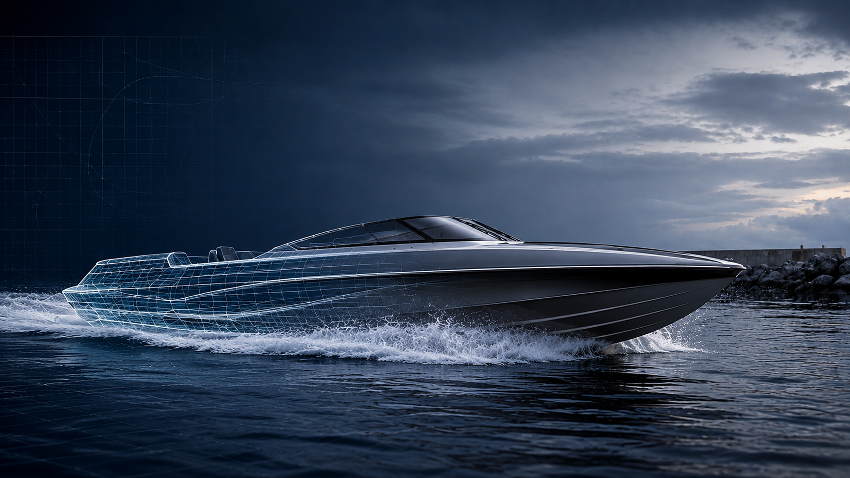 High-speed composite speedboat transitioning from CAD design to completed vessel